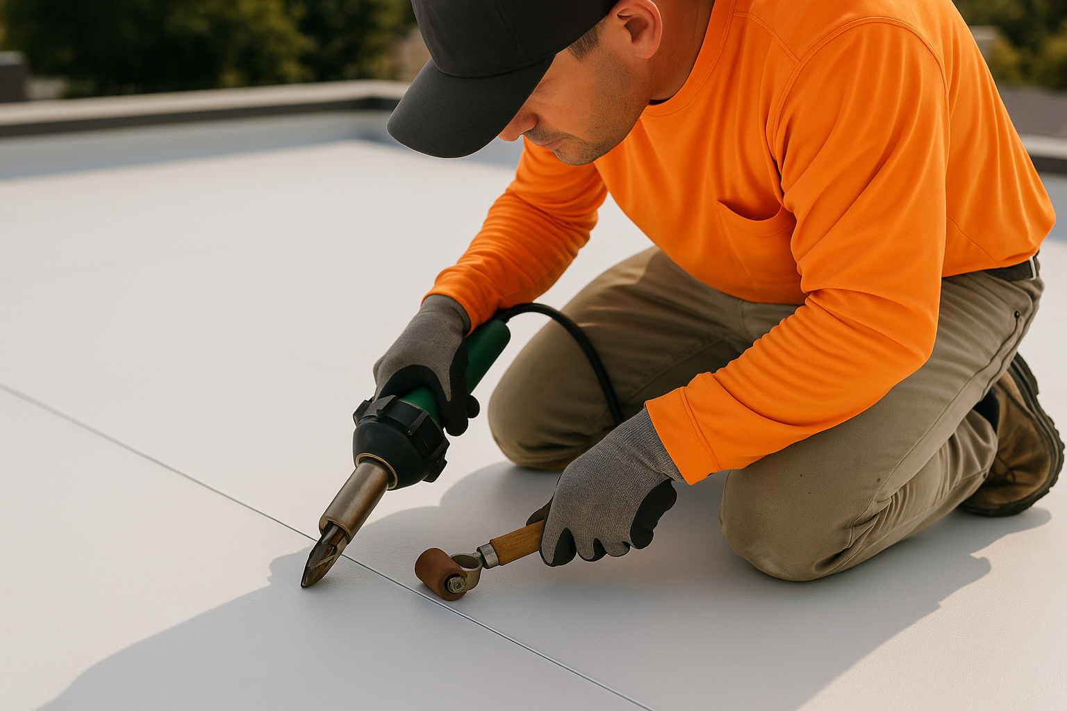 Close-up of a contractor repairing a flat roof with TPO membrane material