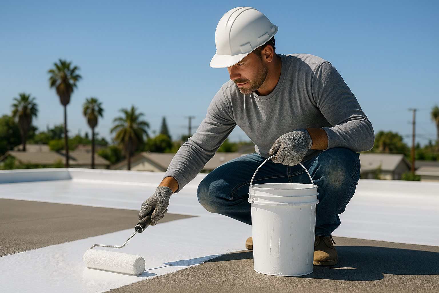 Roofer applying a reflective coating to a flat roof under the California sun