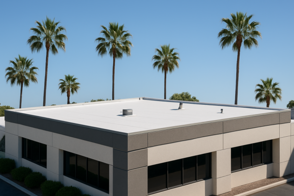 A commercial building with a flat roof, surrounded by palm trees, under a clear blue sky