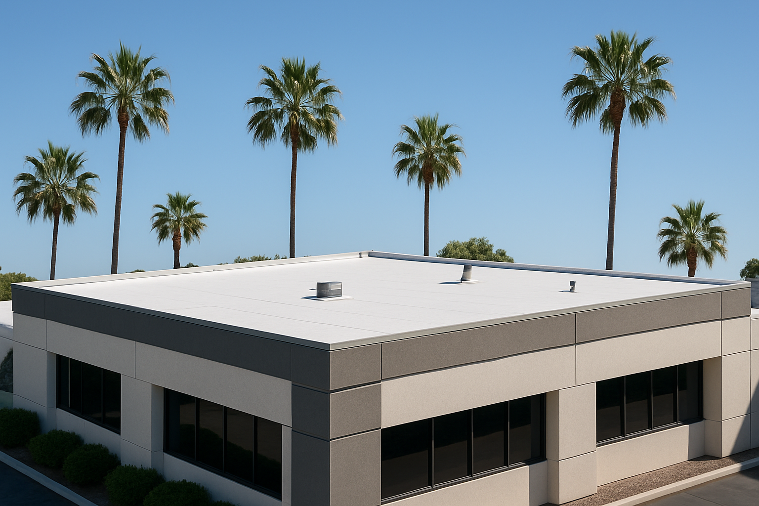 A commercial building with a flat roof, surrounded by palm trees, under a clear blue sky