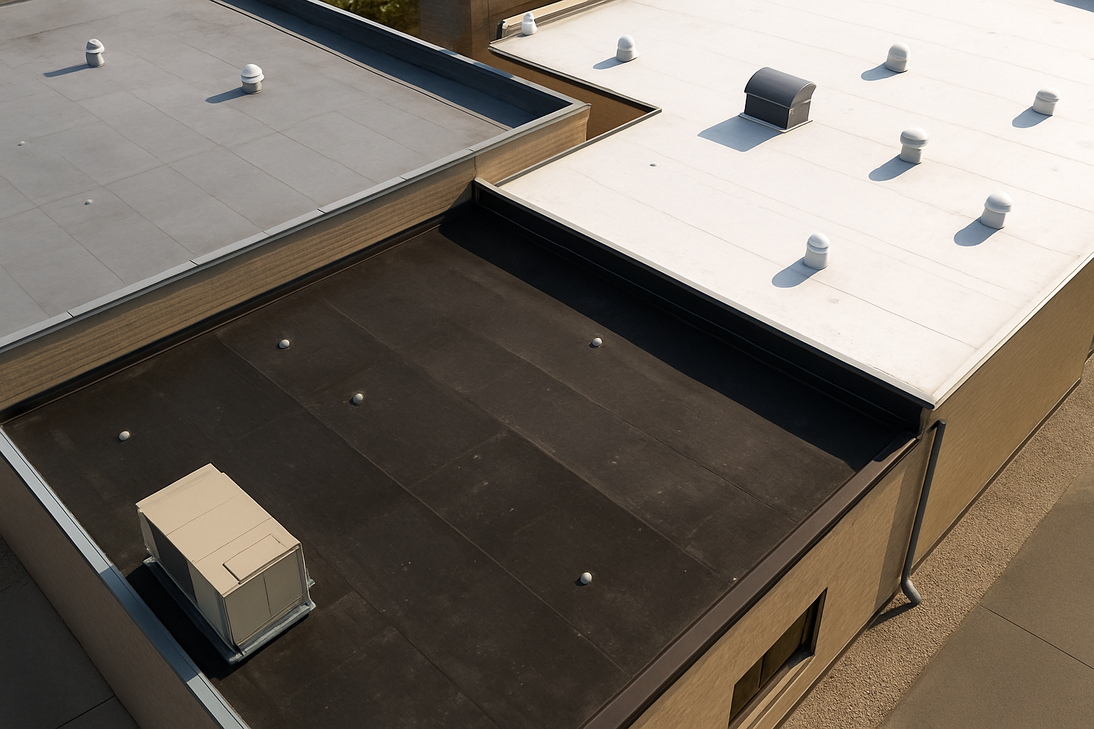 Aerial view of a commercial building with different types of flat roofing materials visible
