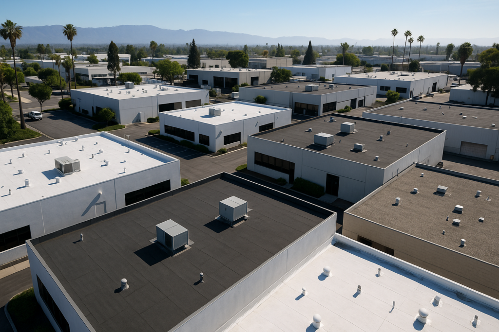 An aerial view of an industrial site with various flat roofing systems visible, including TPO, EPDM, and built-up roofs in a sunny California setting