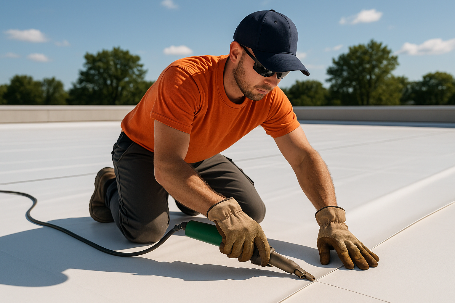 A professional roofer installing TPO membrane on a flat commercial roof on a sunny day
