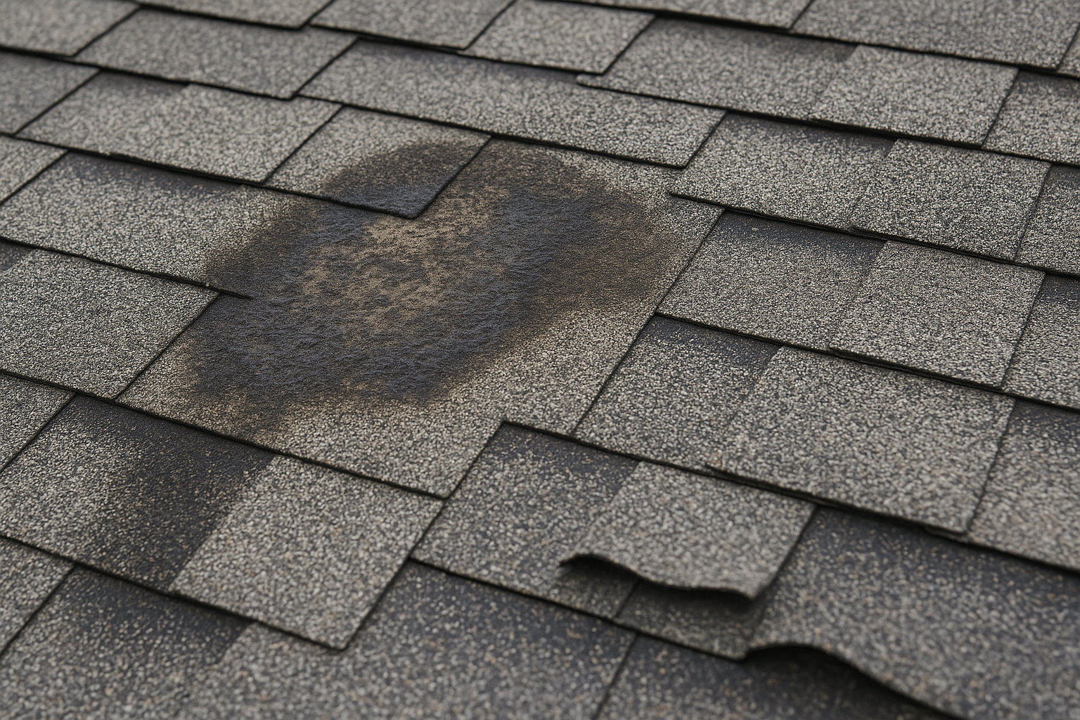 Close-up of damaged asphalt shingles with visible water staining and curling edges, illustrating the importance of selecting the right flat roofing system