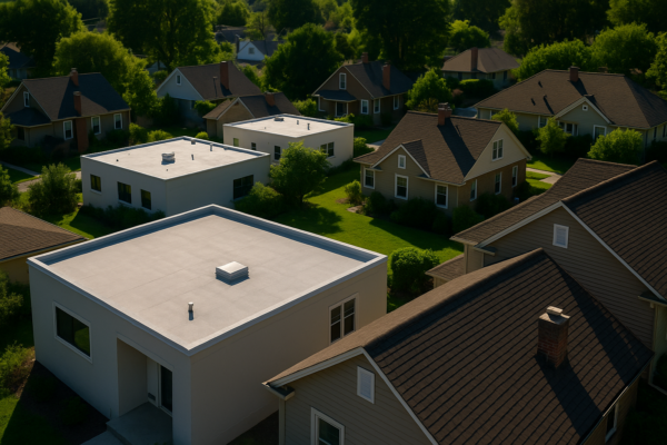 Aerial view of a residential neighborhood showcasing both flat and sloped roofs in bright sunlight