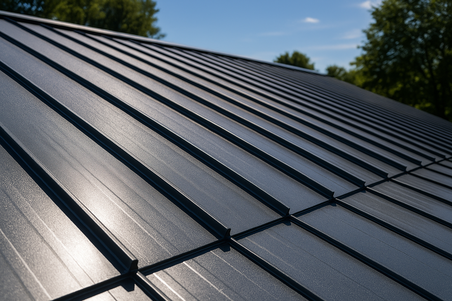 Close-up of a metal roof installation with overlapping panels and reflective coating on a sunny day