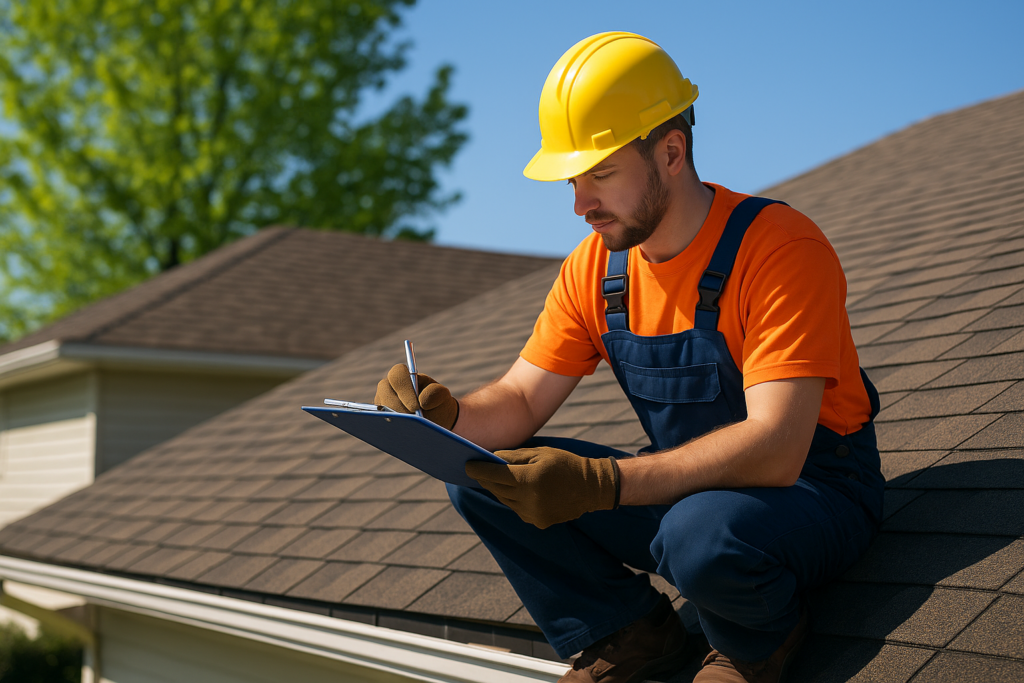 A professional roofer assessing a residential roof, taking notes on a clipboard on a bright sunny day