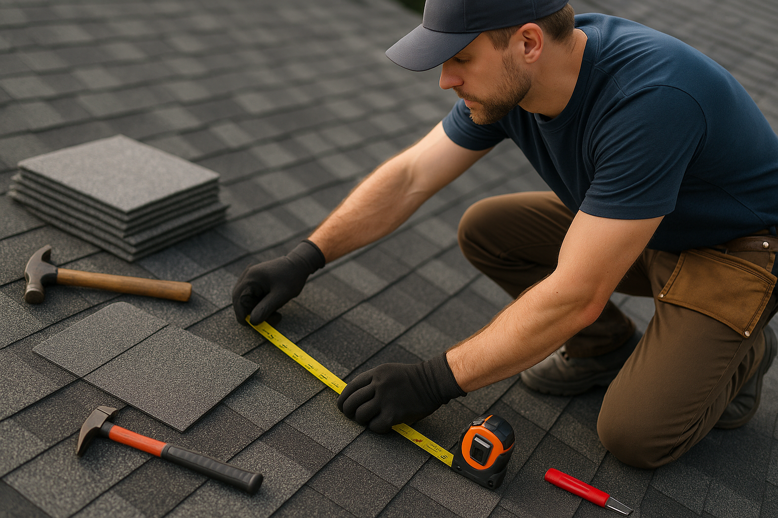 A detailed view of a roofer measuring a roof with a tape measure, surrounded by roofing materials and tools