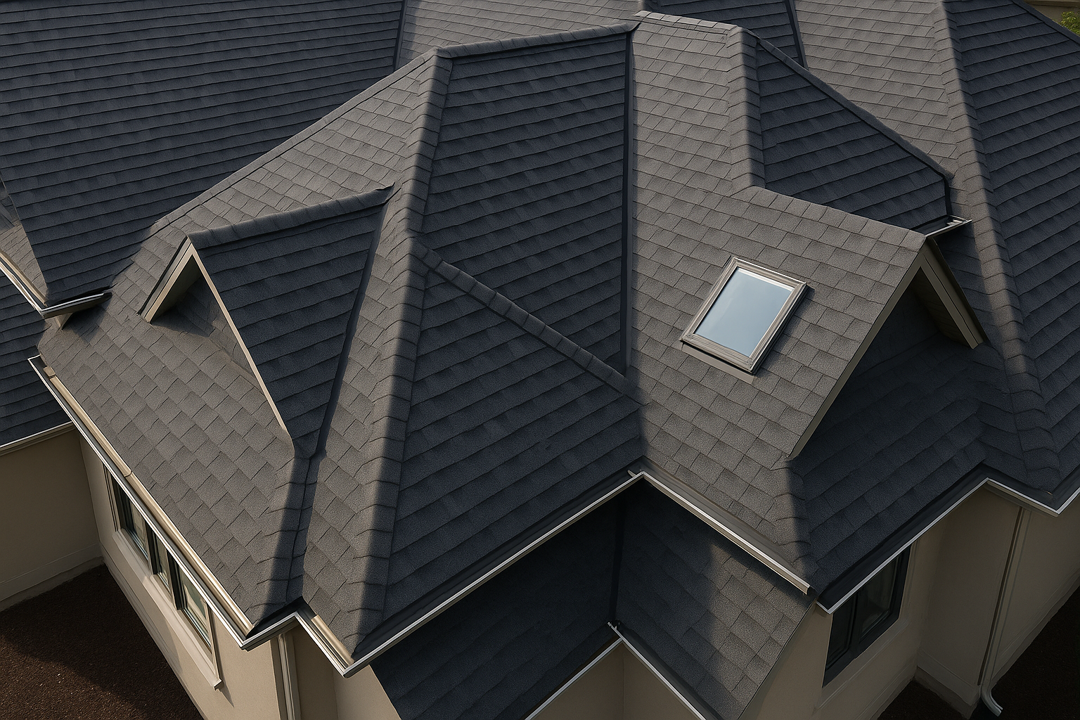 An aerial view of a complex roof design with multiple pitches and a skylight, highlighting accessibility challenges