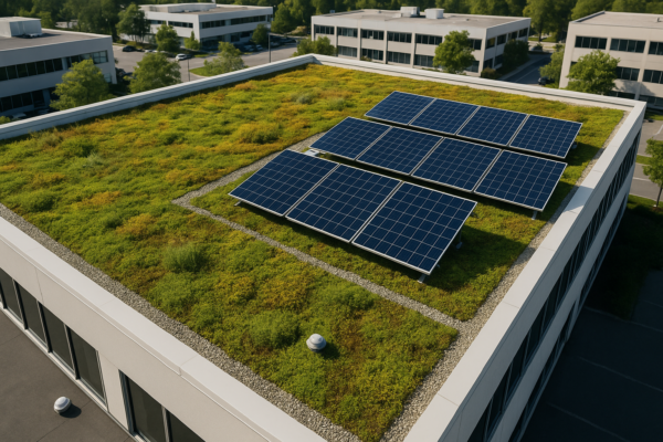 Aerial view of a commercial building with a green roof, featuring lush vegetation and solar panels