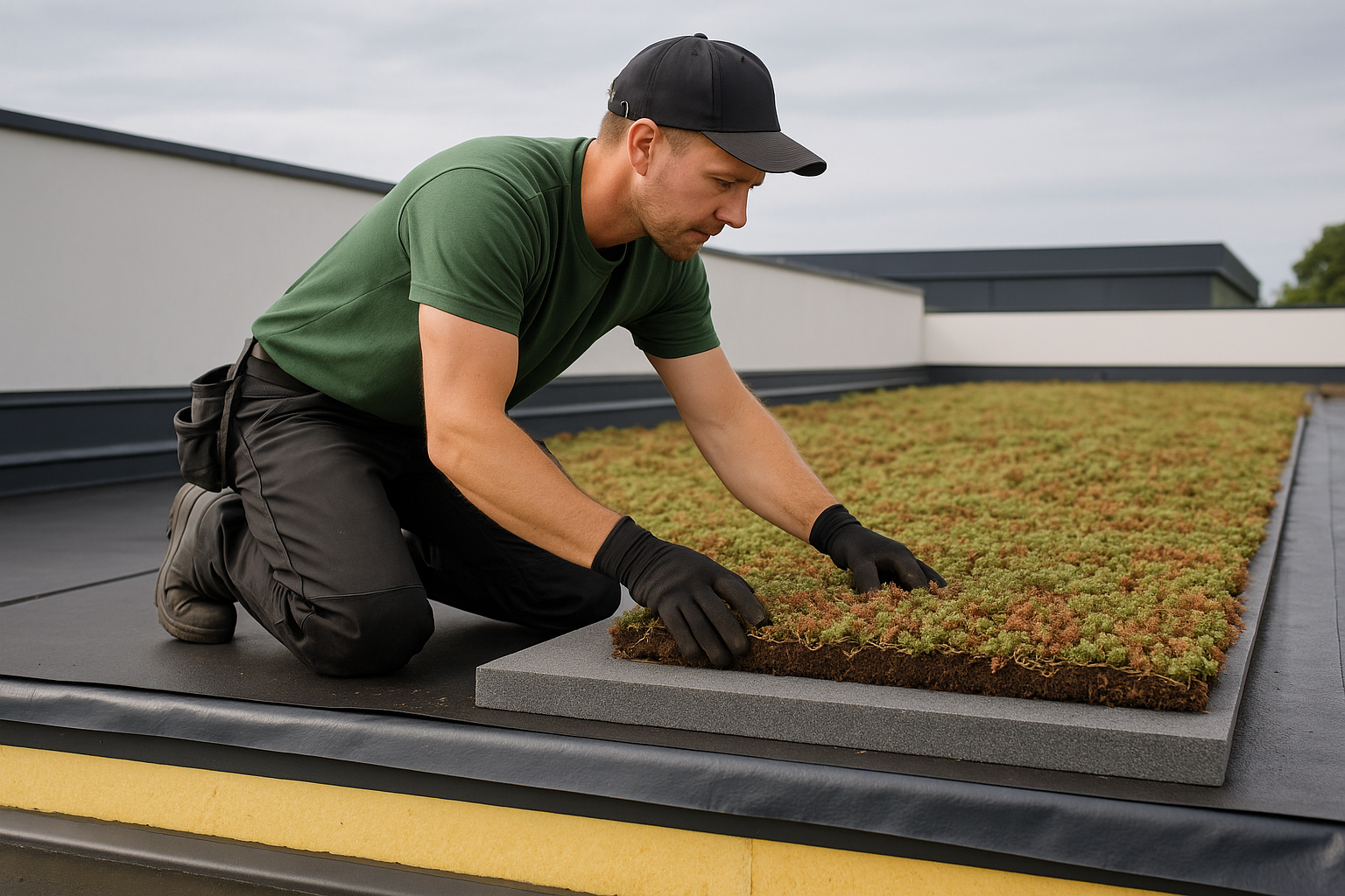 Professional roofer installing a green roof on a commercial building, with visible layers of insulation and vegetation
