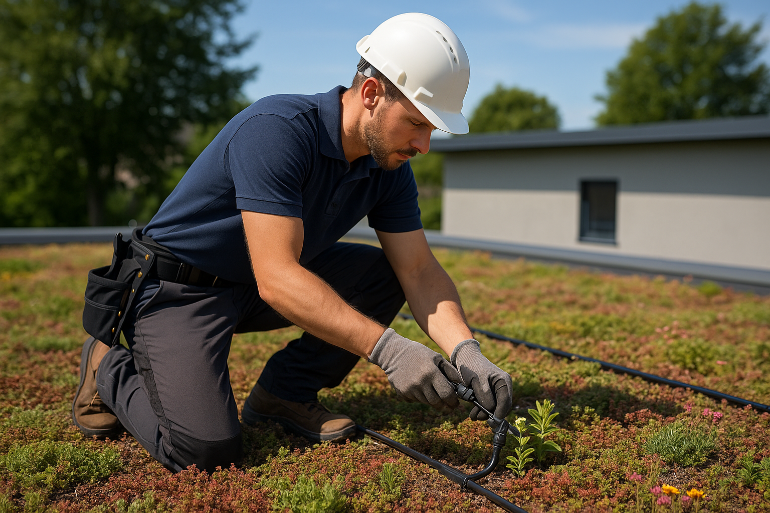 Roofer performing maintenance on a green roof, adjusting irrigation systems and checking plant health