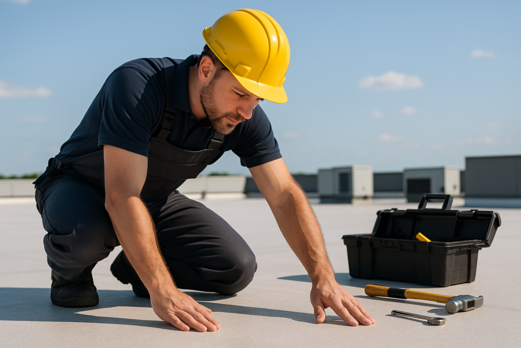 A professional roofer inspecting the surface of a flat roof with tools on a sunny day