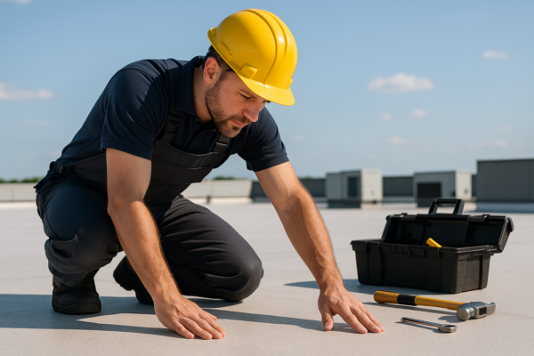 A professional roofer inspecting the surface of a flat roof with tools on a sunny day