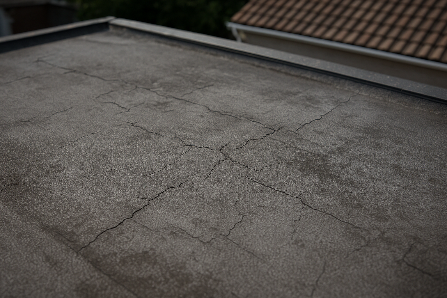 Close-up of a flat roof with clear signs of wear, including small cracks and discoloration