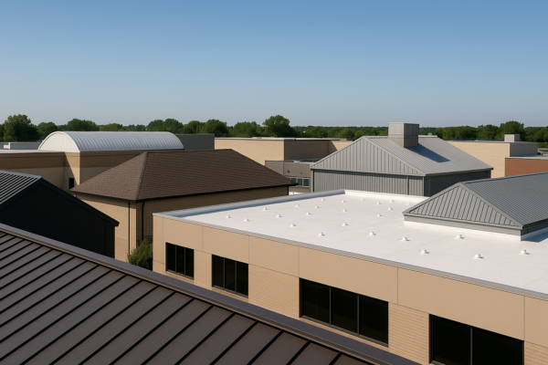 A panoramic view of various commercial buildings with different types of durable roofing materials under a clear blue sky