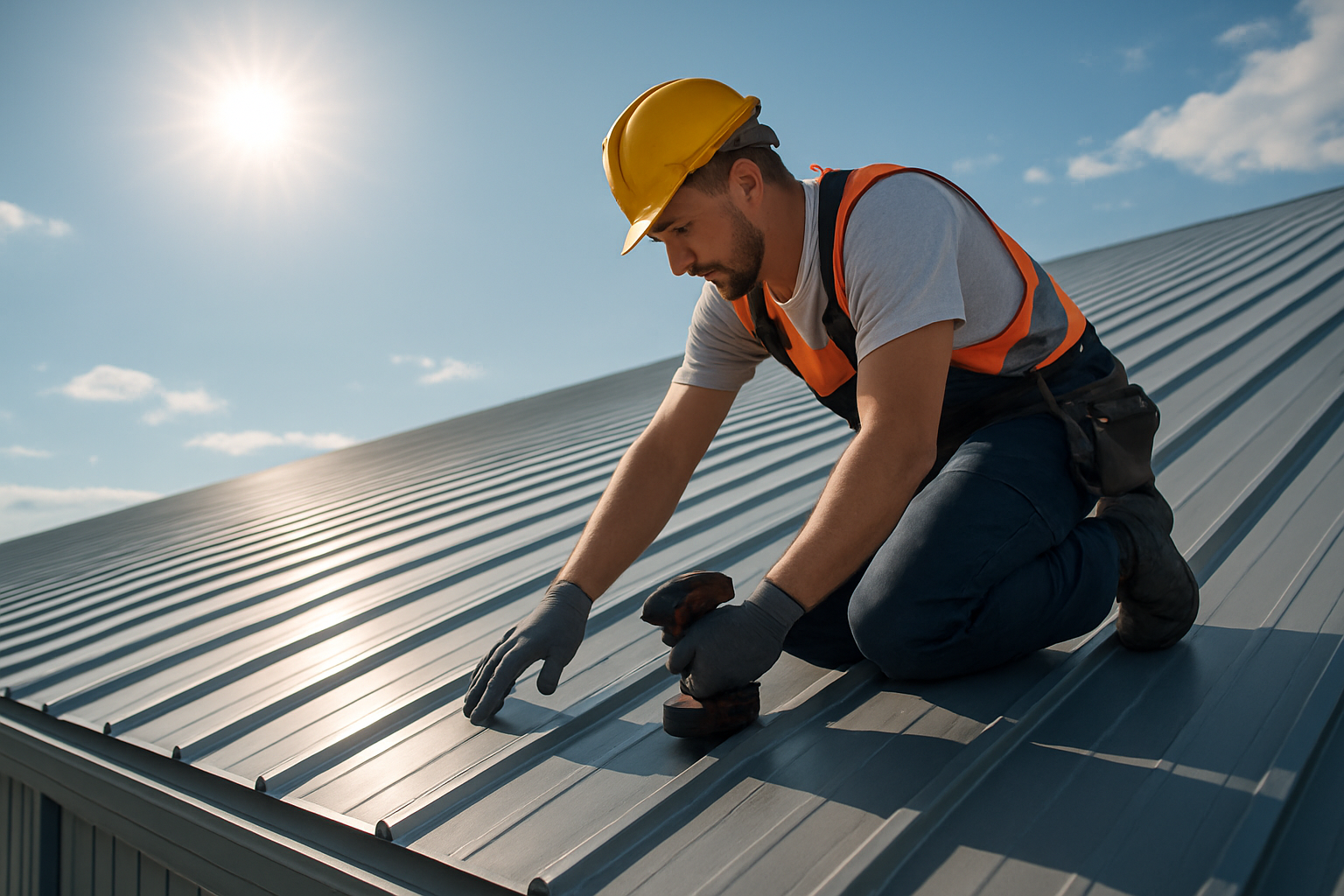 A professional roofer installing metal panels on a large commercial building under a bright sun