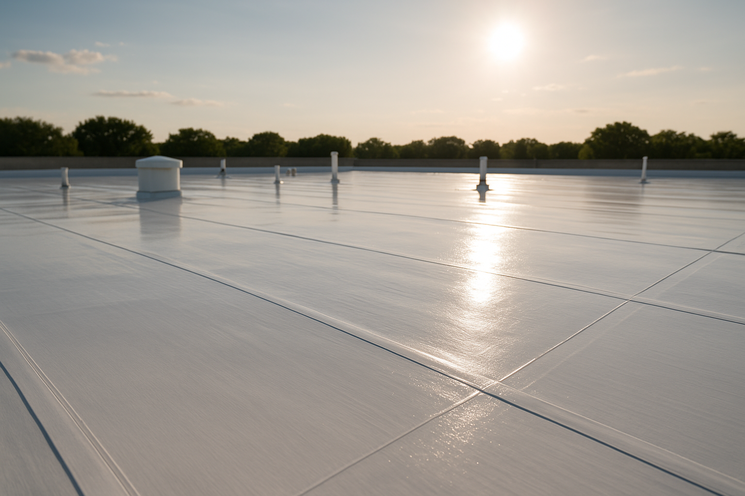 Close-up of a TPO roofing membrane reflecting sunlight on a flat commercial roof
