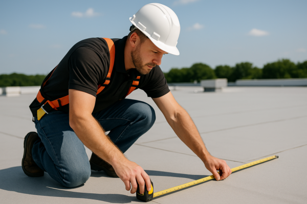 A professional roofer measuring a large flat commercial roof with a tape measure on a sunny day