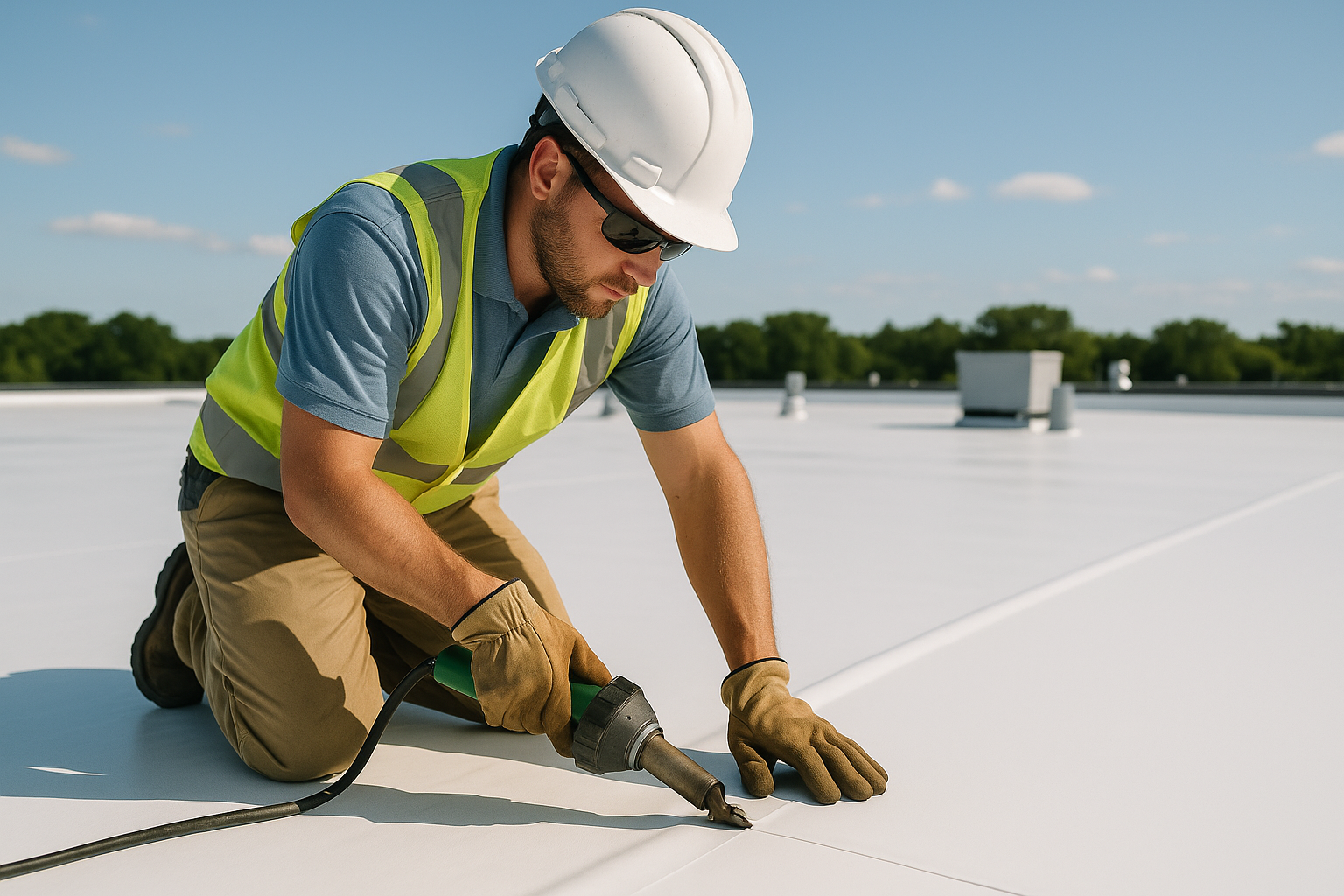 A professional roofer installing TPO membrane on a flat commercial roof on a sunny day