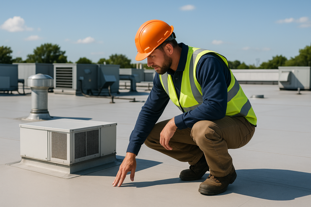A professional roofer inspecting a large commercial flat roof with various equipment on a sunny day