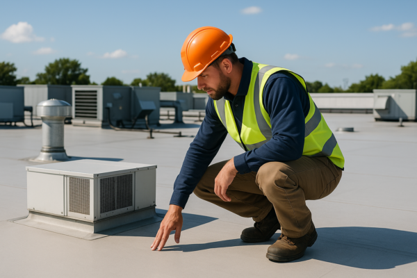 A professional roofer inspecting a large commercial flat roof with various equipment on a sunny day