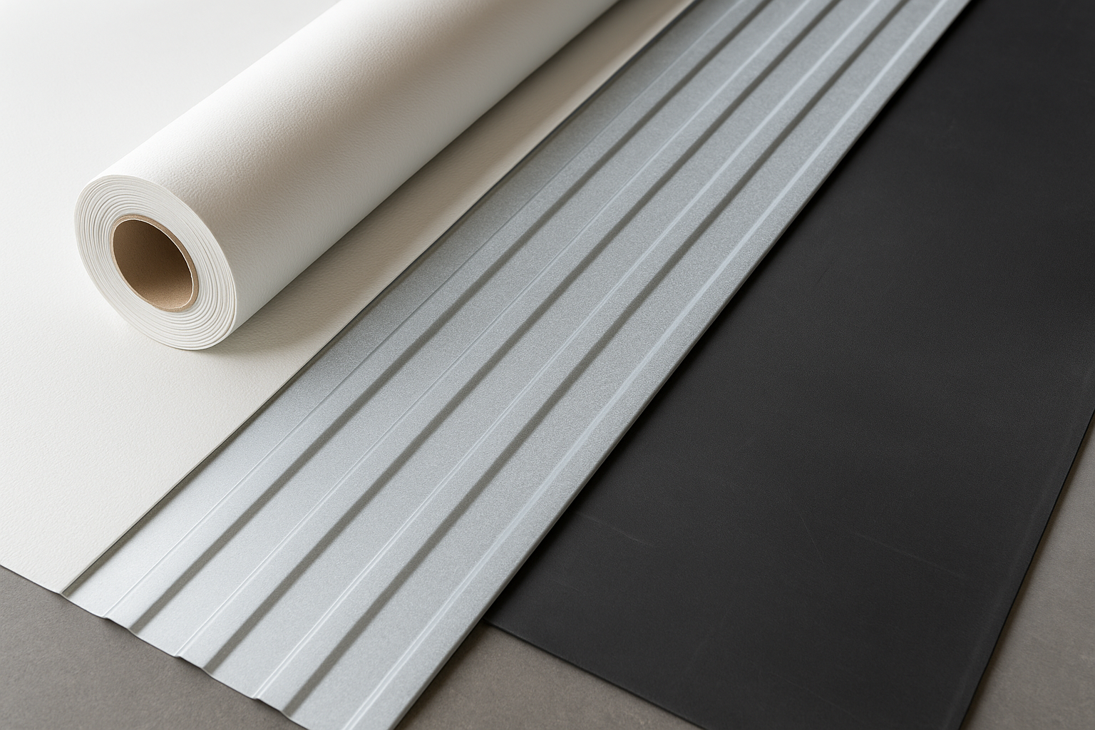 Close-up of various commercial roofing materials, including TPO membrane, metal sheets, and EPDM rubber, laid out side by side