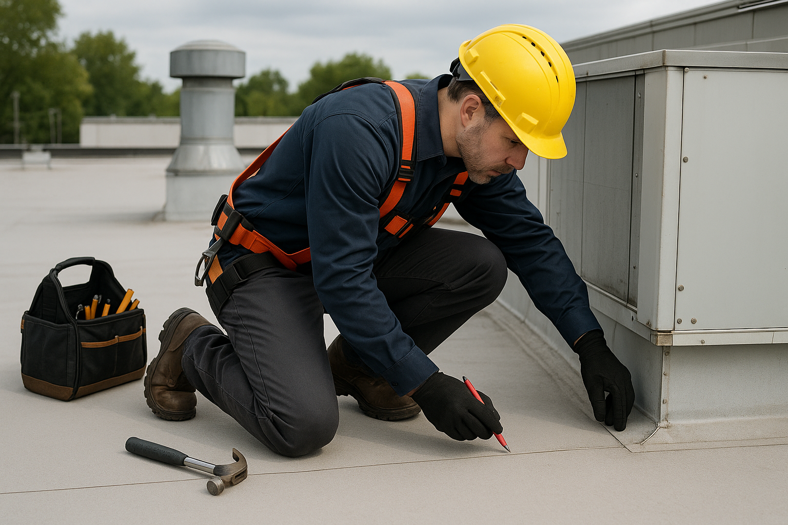 A maintenance technician performing a detailed inspection of a commercial roof, with tools and safety equipment visible