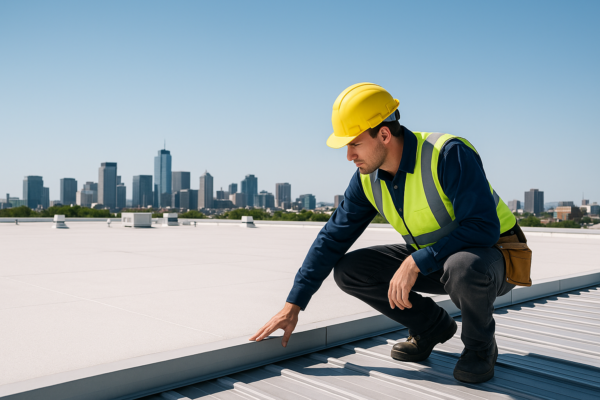 A professional roofer inspecting a large commercial roof with a panoramic view of a cityscape under a clear blue sky