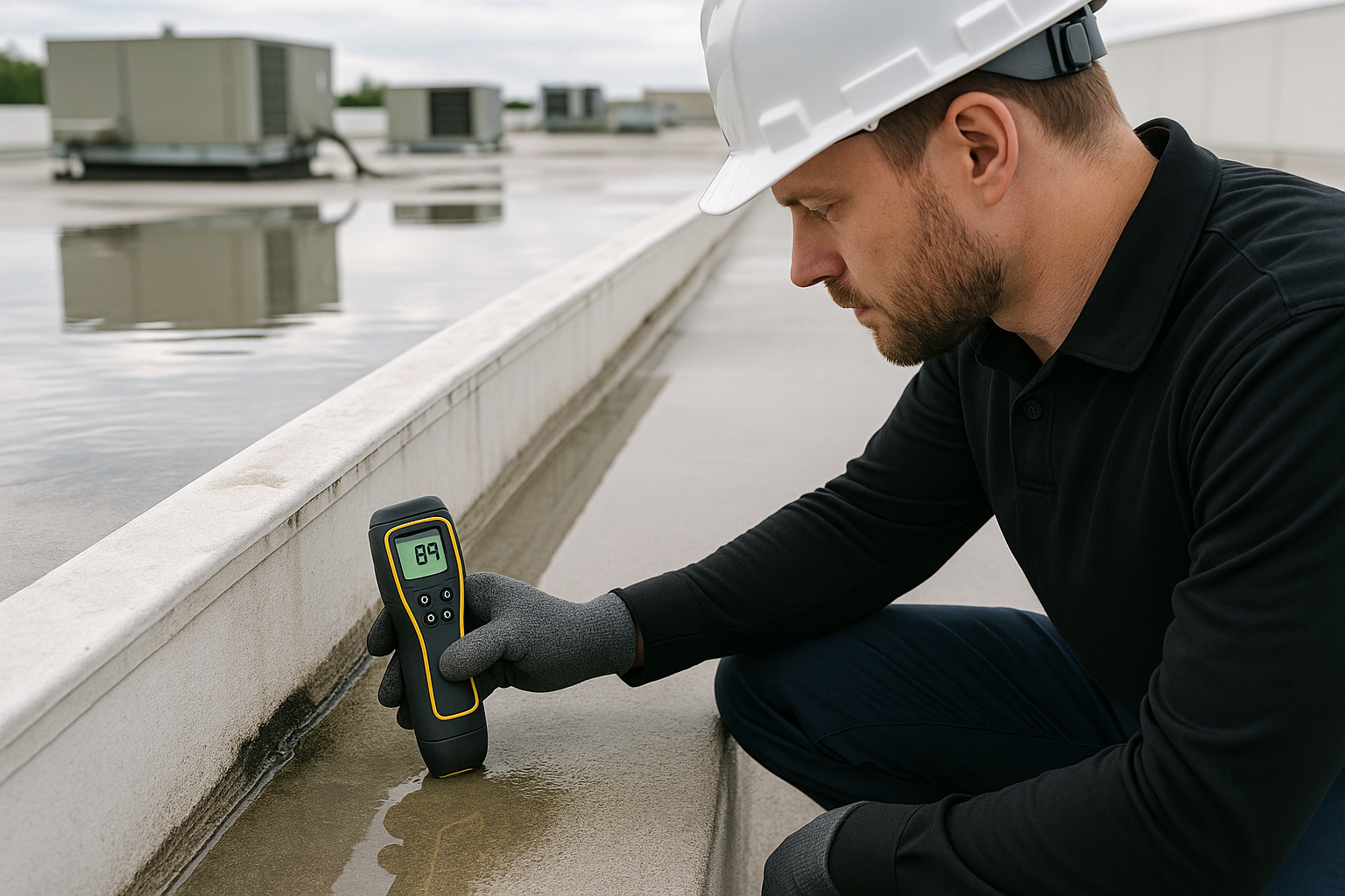 Close-up of a commercial roof with pooling water and a technician using a moisture meter