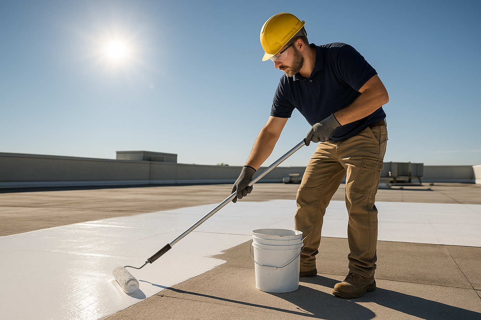 A technician applying a reflective coating on a flat commercial roof under a bright sun