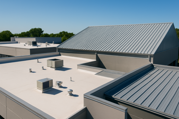 An aerial view of a commercial building with various roof types visible, including flat and metal roofs, under a clear blue sky.