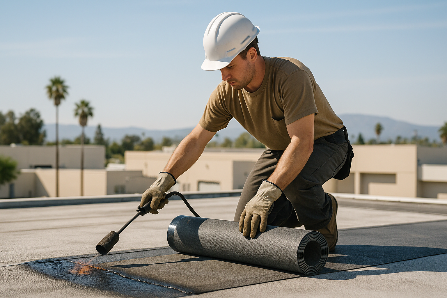 A roofing technician applying layers of bitumen and fabric on a flat commercial roof under the California sun.