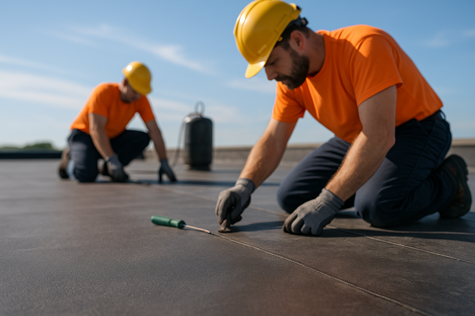 A close-up of an EPDM roofing membrane with technicians performing maintenance under bright sunlight.