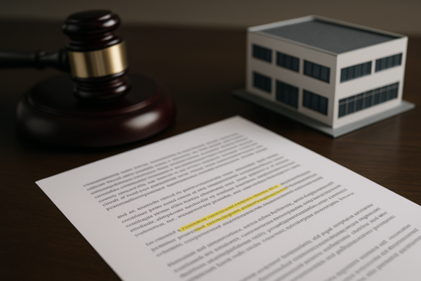 A legal document with a focus on highlighted text, sitting on a desk with a gavel and a small model of a commercial building