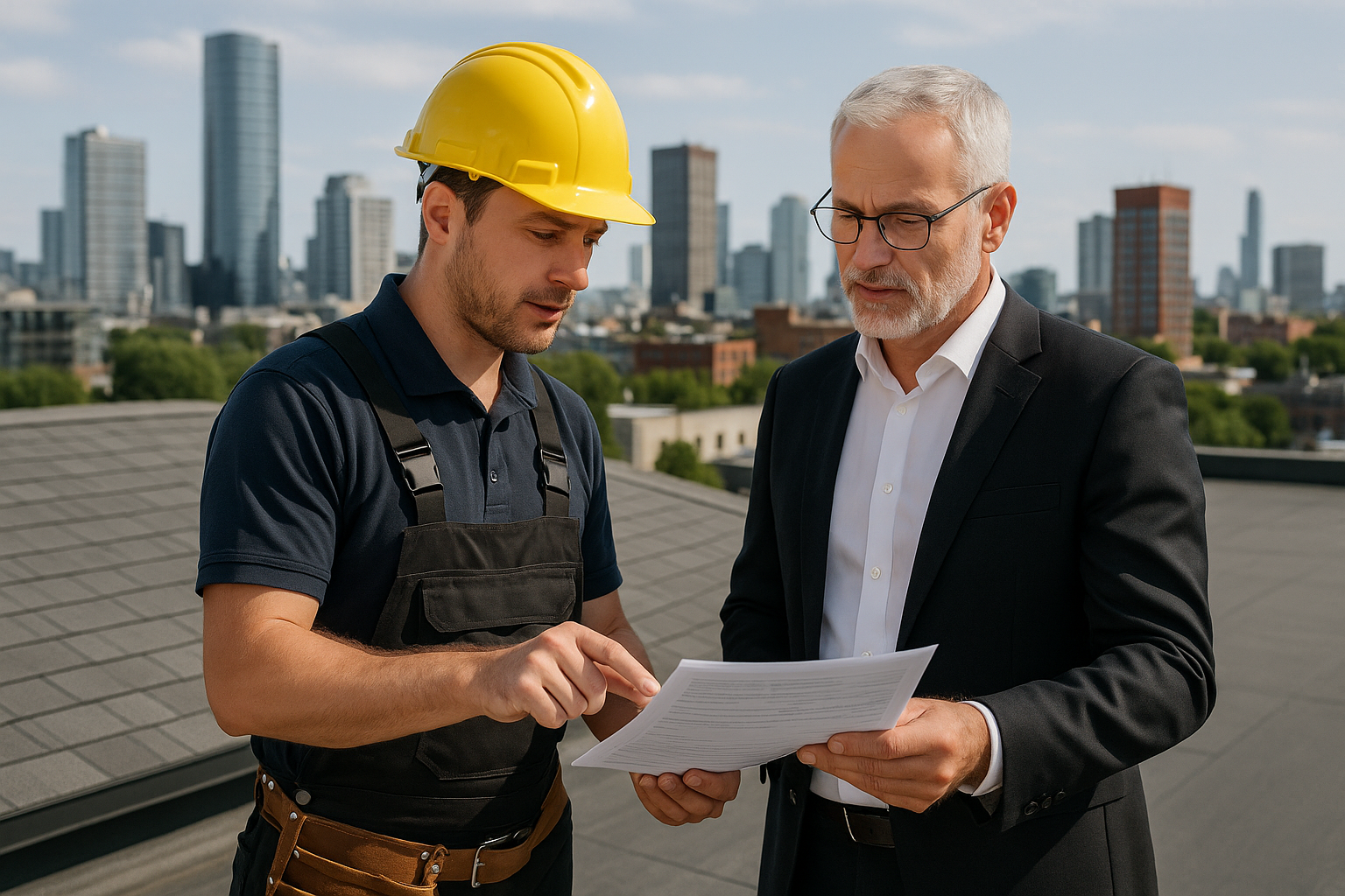 A professional roofer discussing permit documents with a business owner on a rooftop, showing the cityscape in the background