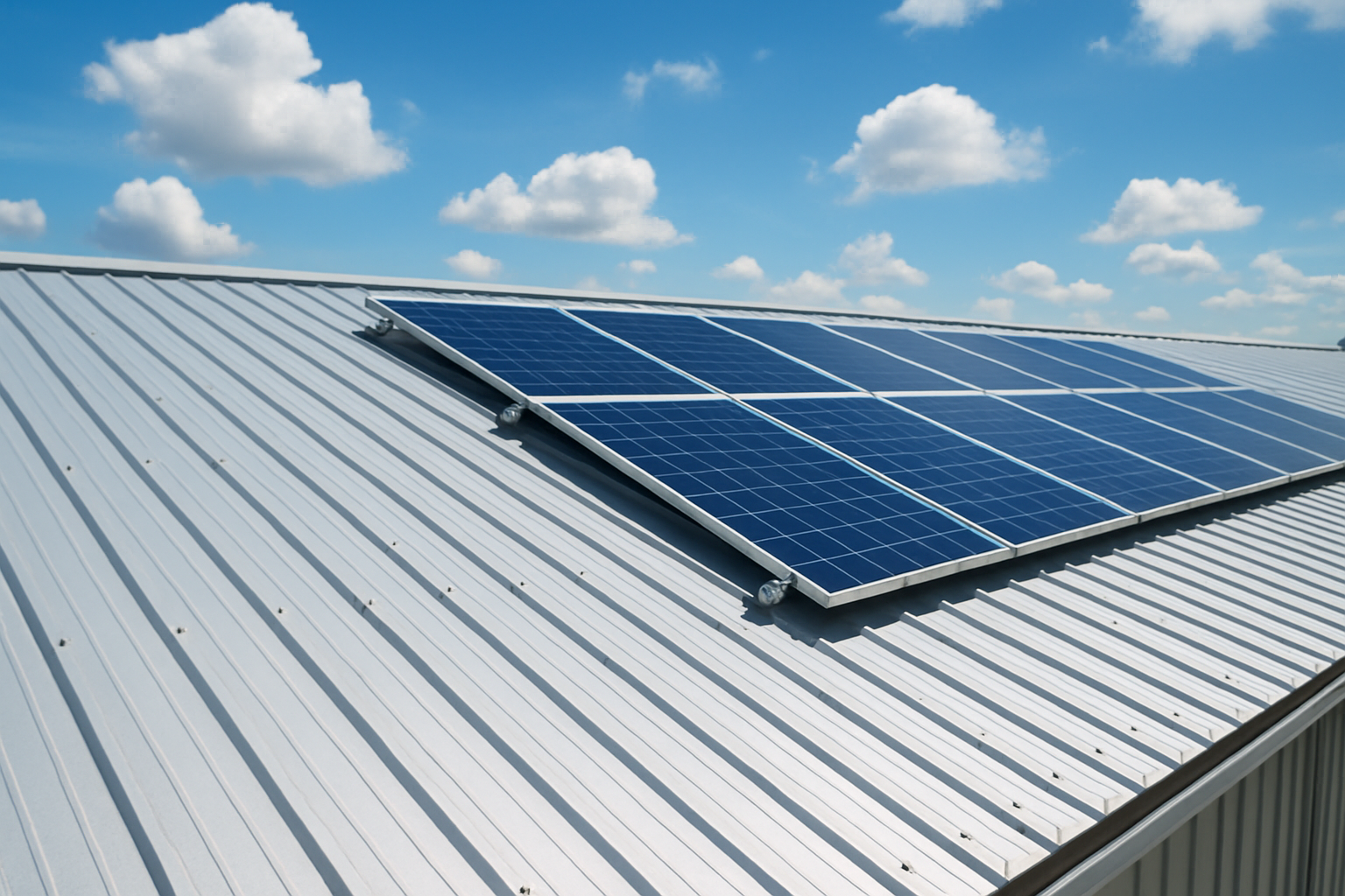 Close-up of a commercial metal roof with solar panels installed, under a bright blue sky with clouds