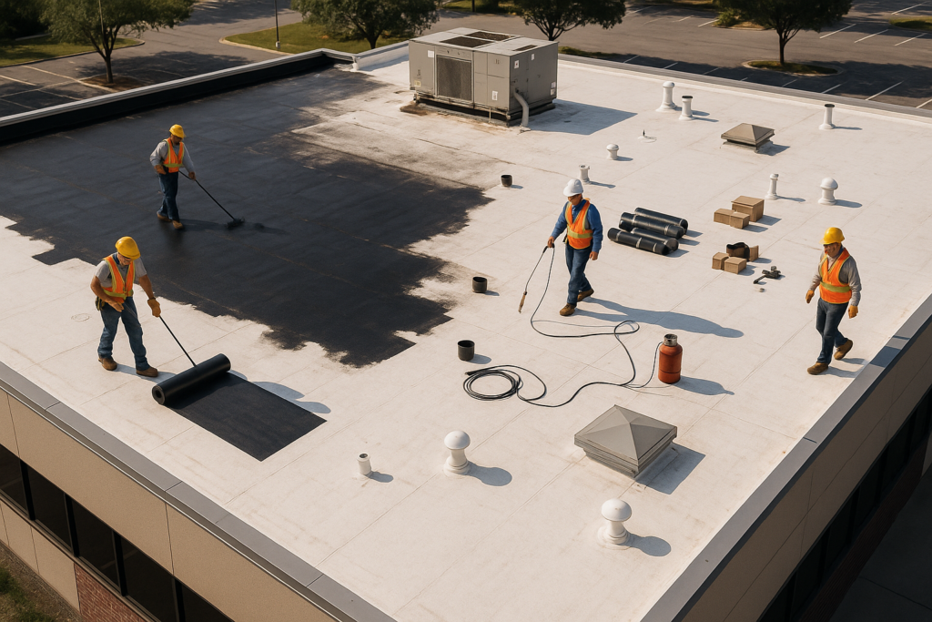 Aerial view of a large commercial building with a flat roof under repair by professional roofers
