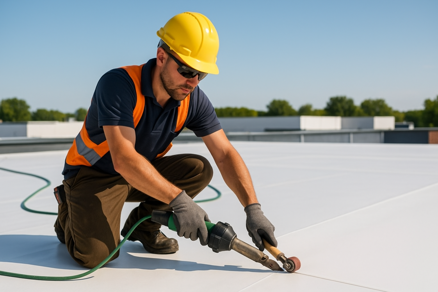 A professional roofer installing TPO membrane on a flat commercial roof on a sunny day