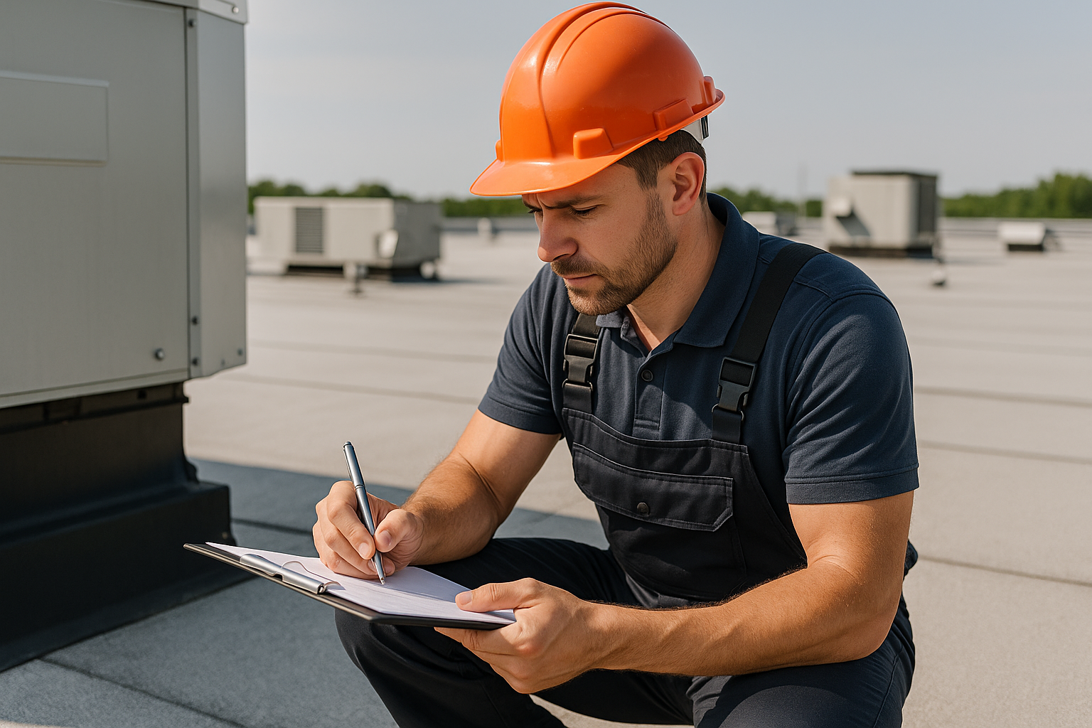 Close-up of a roofing contractor inspecting a commercial roof, taking notes on a clipboard