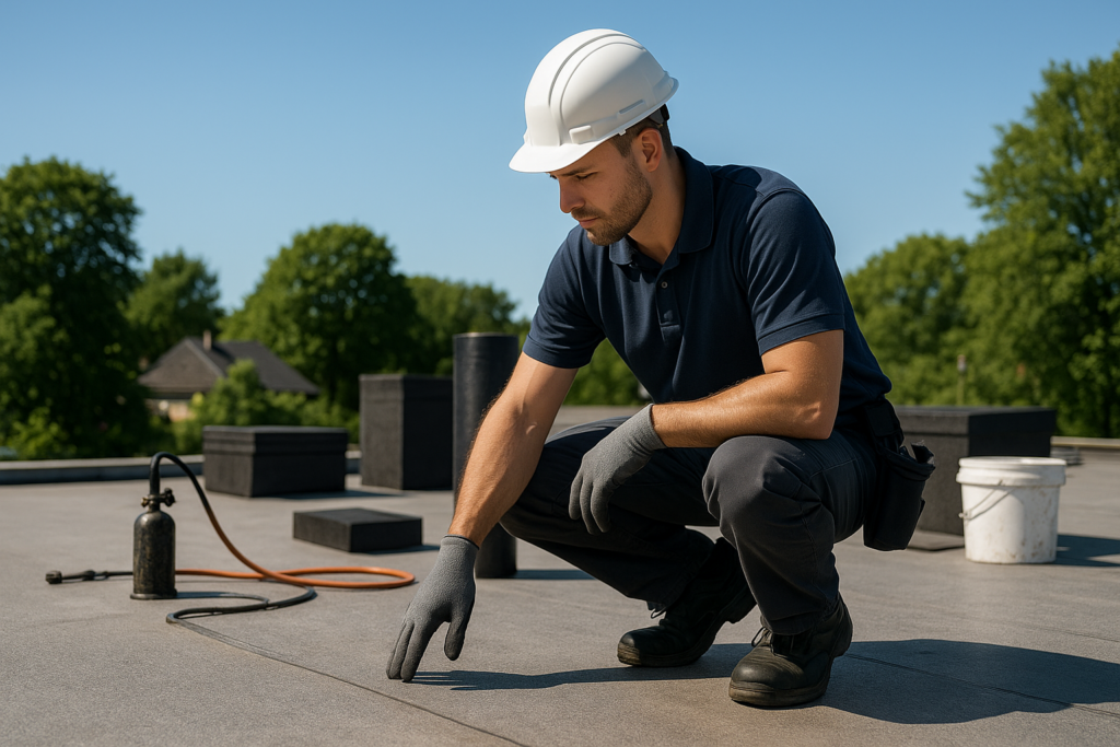 A professional roofer assessing a flat roof with various equipment and materials around, on a bright sunny day
