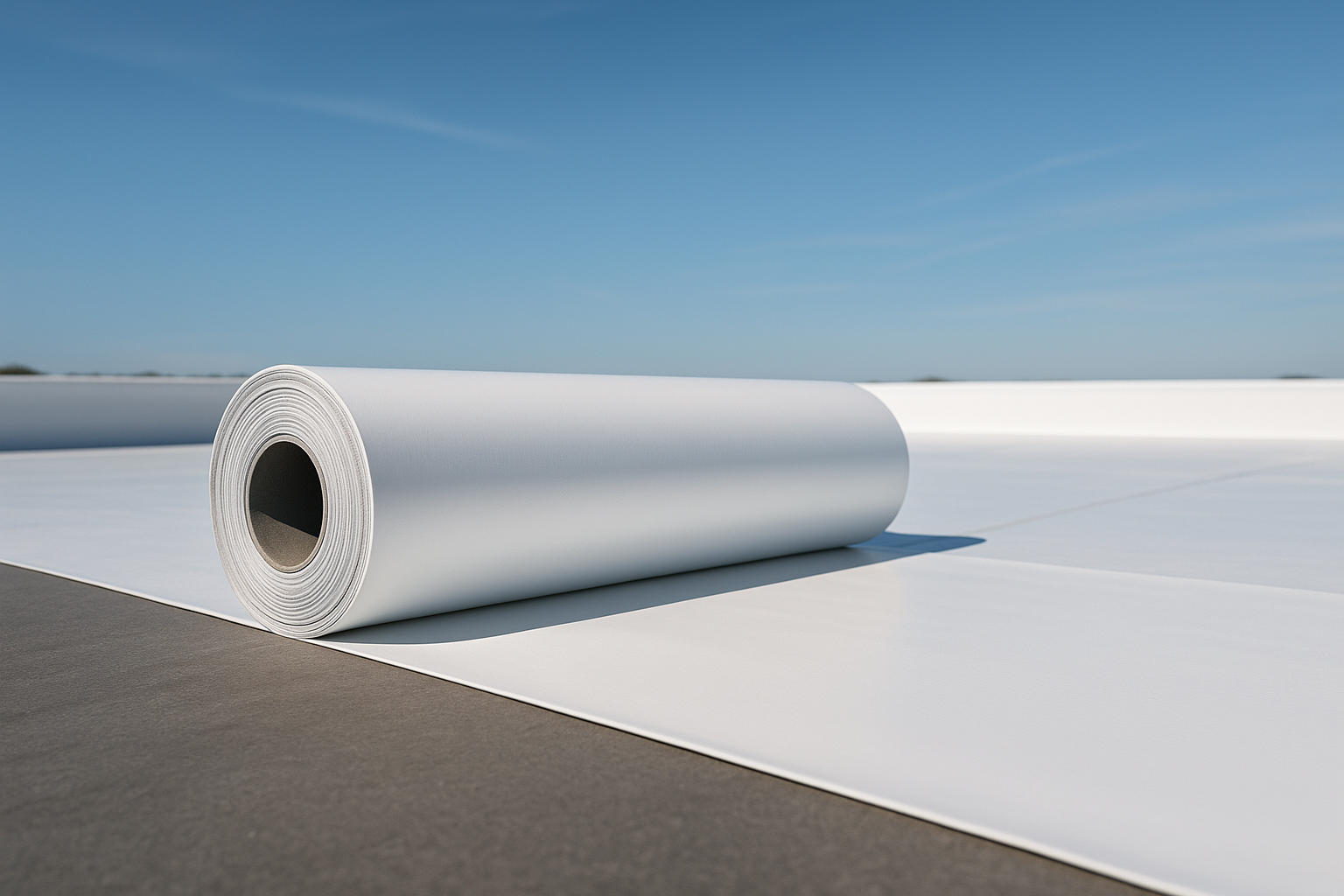 Close-up of a TPO membrane being rolled out on a flat roof, with clear blue skies overhead