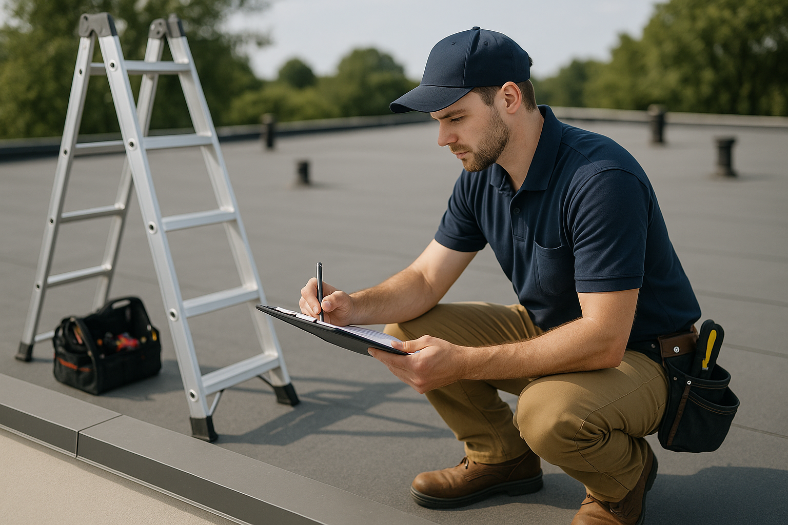 A flat roof with a technician performing a detailed inspection using a clipboard and ladder, with tools visible in the background