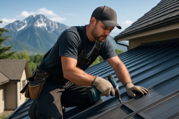 A professional roofer installing a metal roof on a residential home with mountains in the background