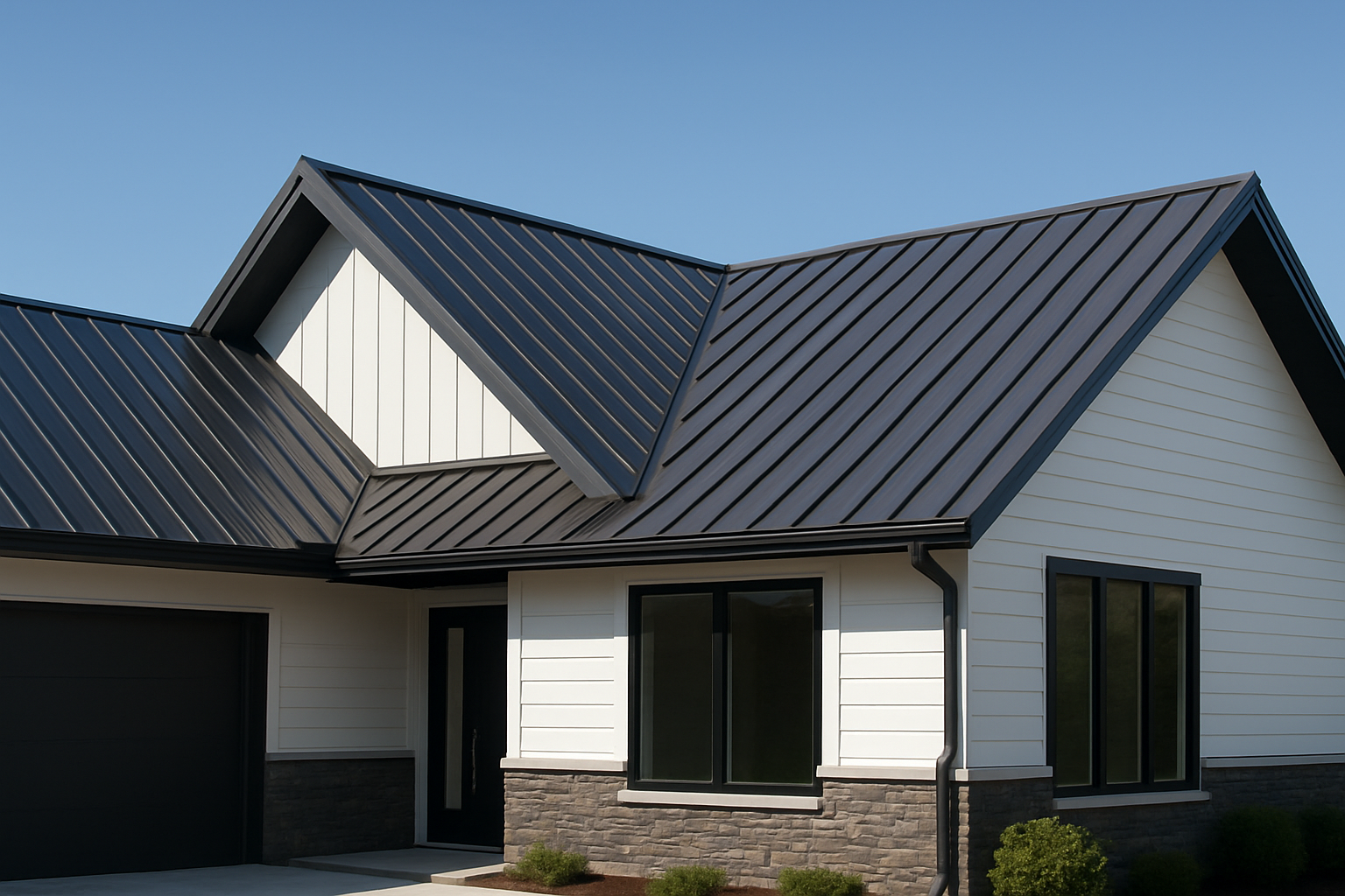 A modern home with a sleek metal roof under a clear sky, showcasing the aesthetic appeal of metal roofing