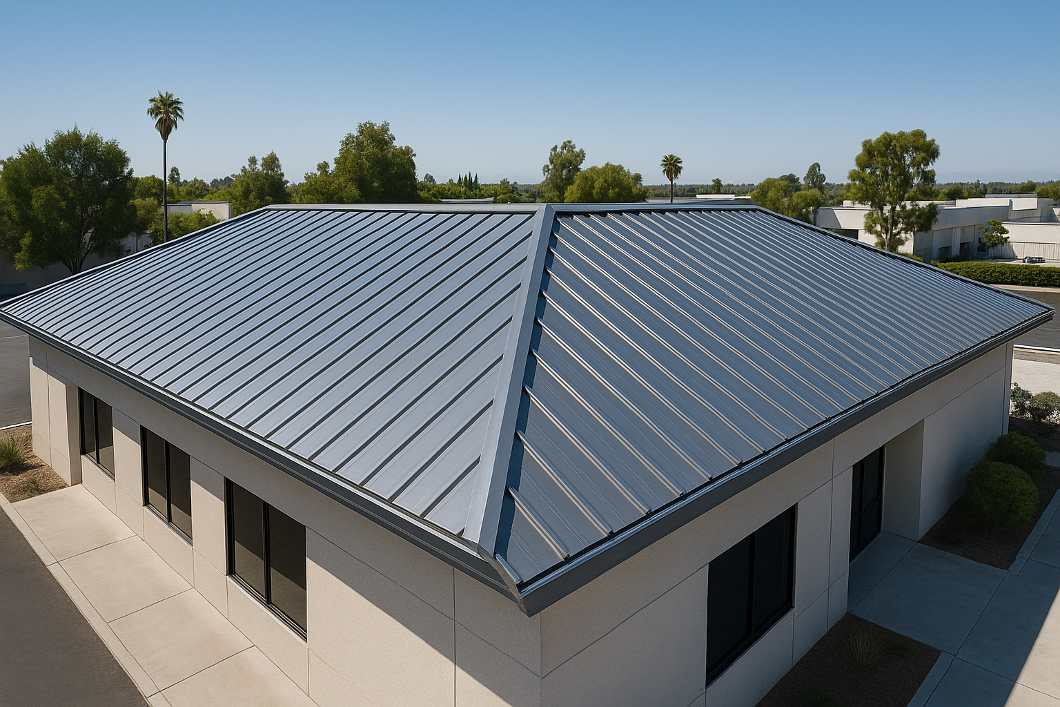 Aerial view of a commercial building with a sleek metal roof, highlighting its modern design and reflective surface under the California sun
