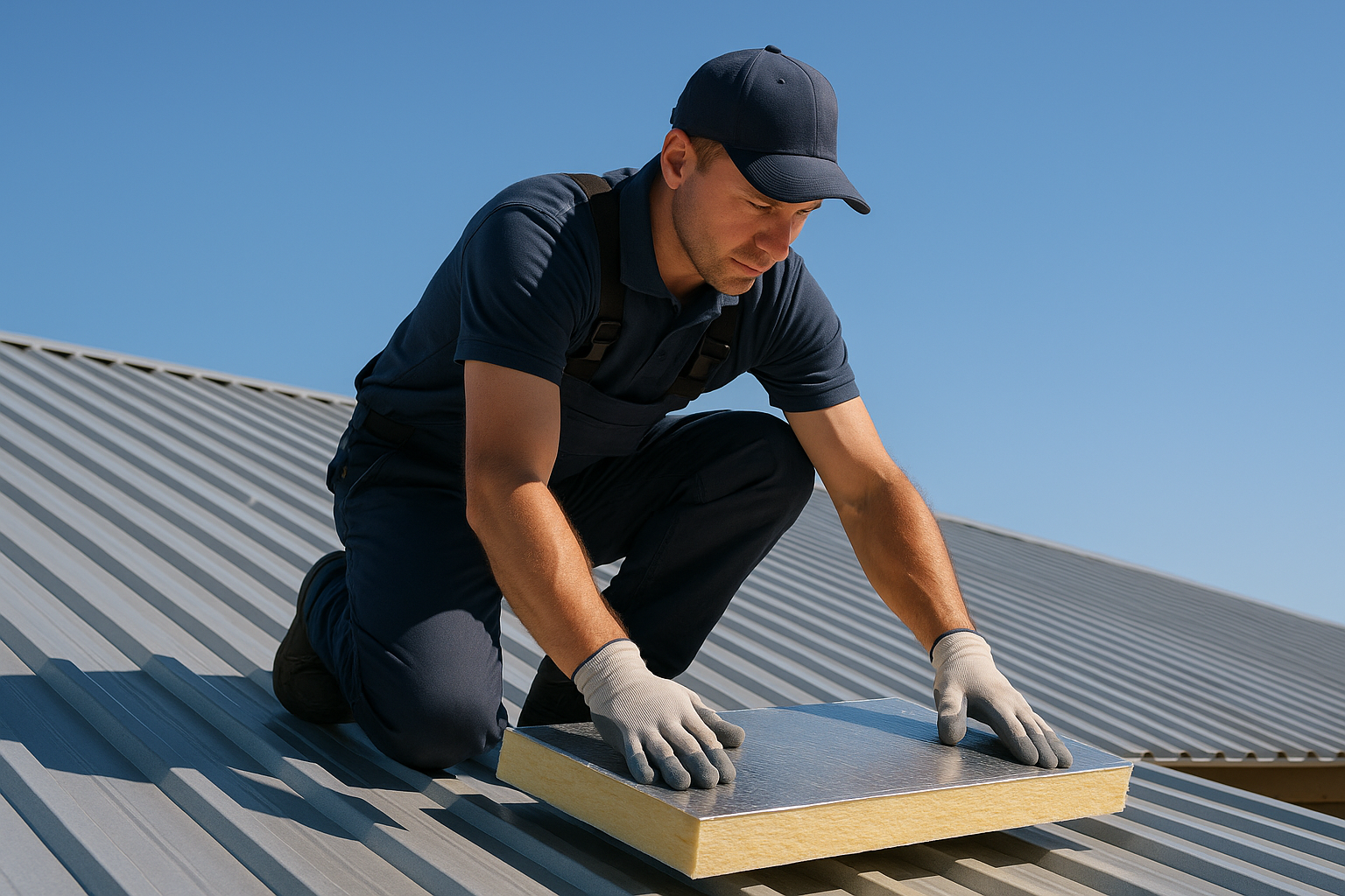 A professional roofer installing energy-efficient insulation on a metal roof under a clear blue sky