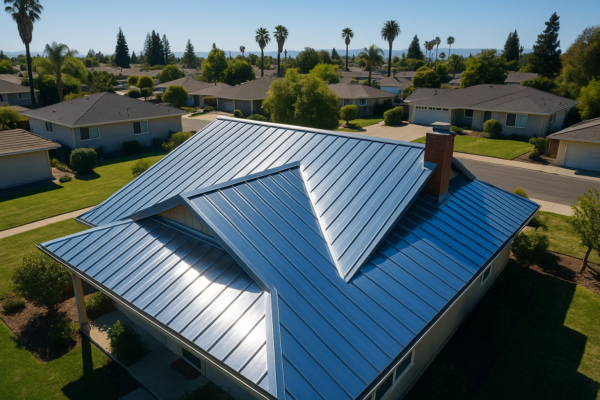 Aerial view of a house with shiny metal roof reflecting sunlight, surrounded by a suburban neighborhood in California