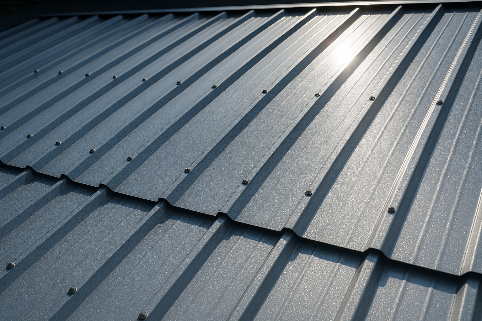 Close-up of reflective coated metal roofing panels under bright sunlight