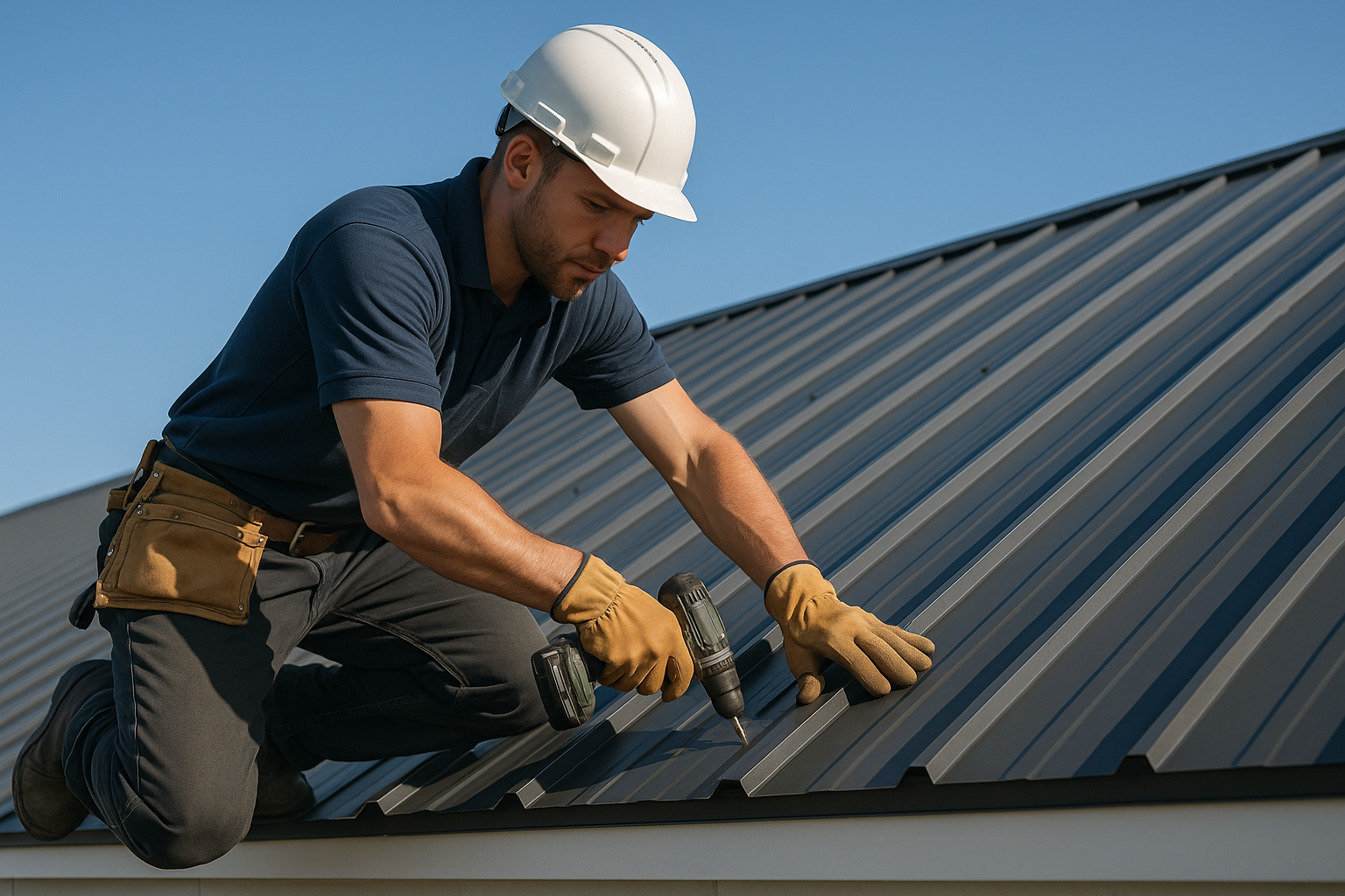 Professional roofer installing metal roofing panels on a commercial building under clear blue skies